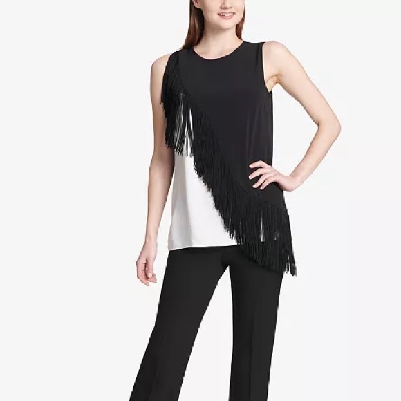 NWT Calvin Klein Sleeveless Asymmetrical Fringe Top in Black & White - Small - Picture 3 of 10